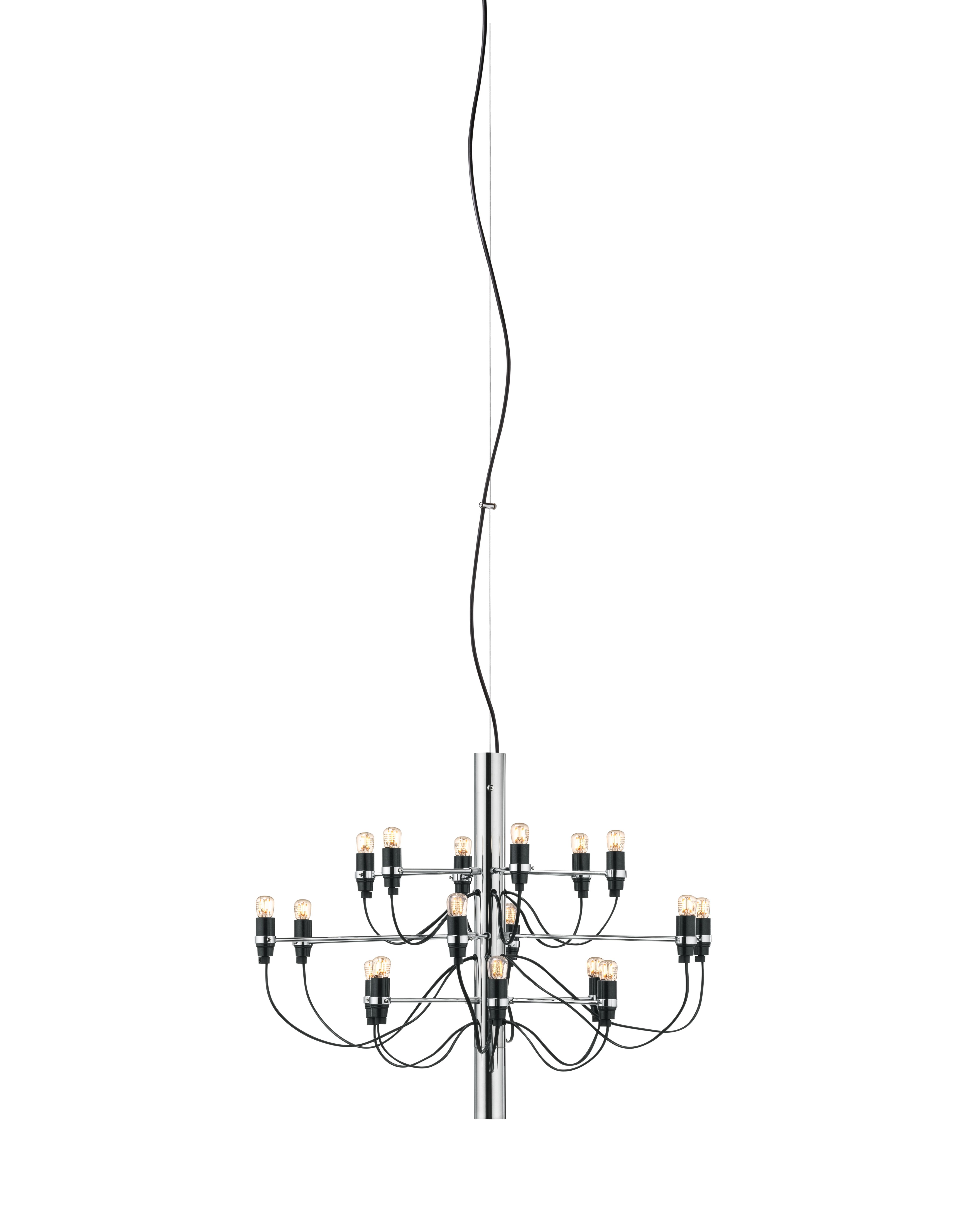 Flos 2097/18 Kronleuchter in Chrom mit klaren Glühbirnen, moderne Deckenleuchte für Wohnzimmer und Esszimmer.