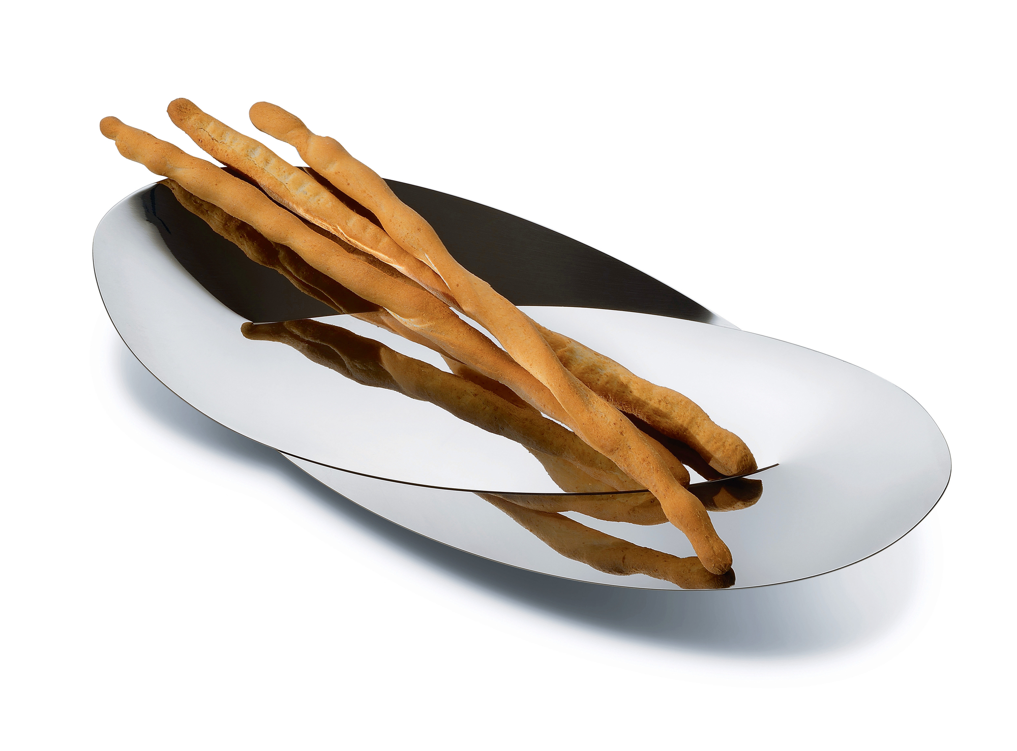 Alessi Brotkorb Octave: Ovale, silberne Edelstahlschale mit Grissini, modernes Design für Brot und Obst.