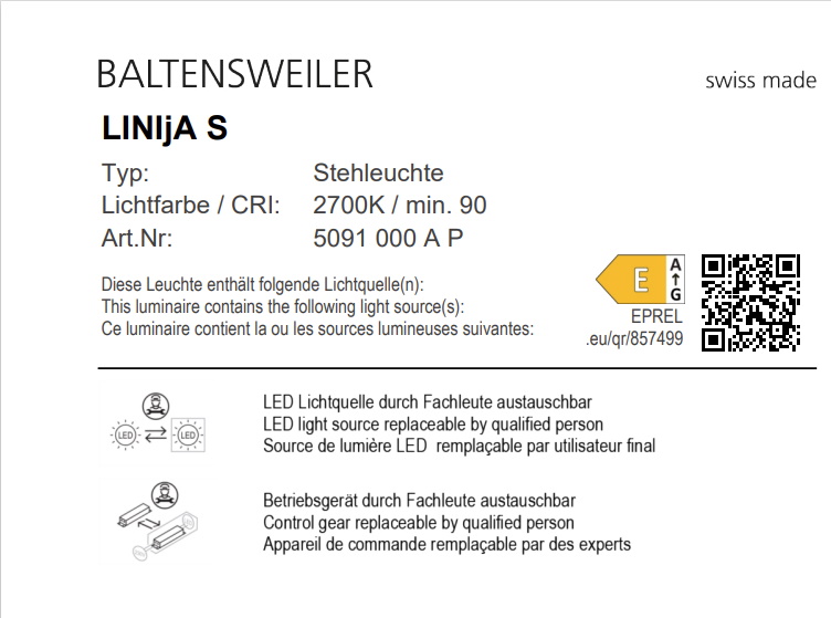 Infografik zur Baltensweiler LINIjA S Stehleuchte mit technischen Details und Energieeffizienzklasse.