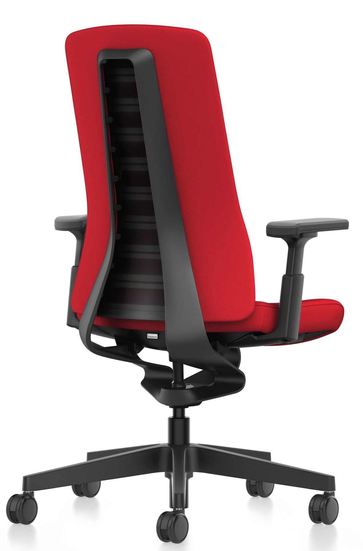 Roter Interstuhl PUREis3 Drehstuhl PU113 mit Polsterrücken und schwarzen Armlehnen, Ansicht von hinten.