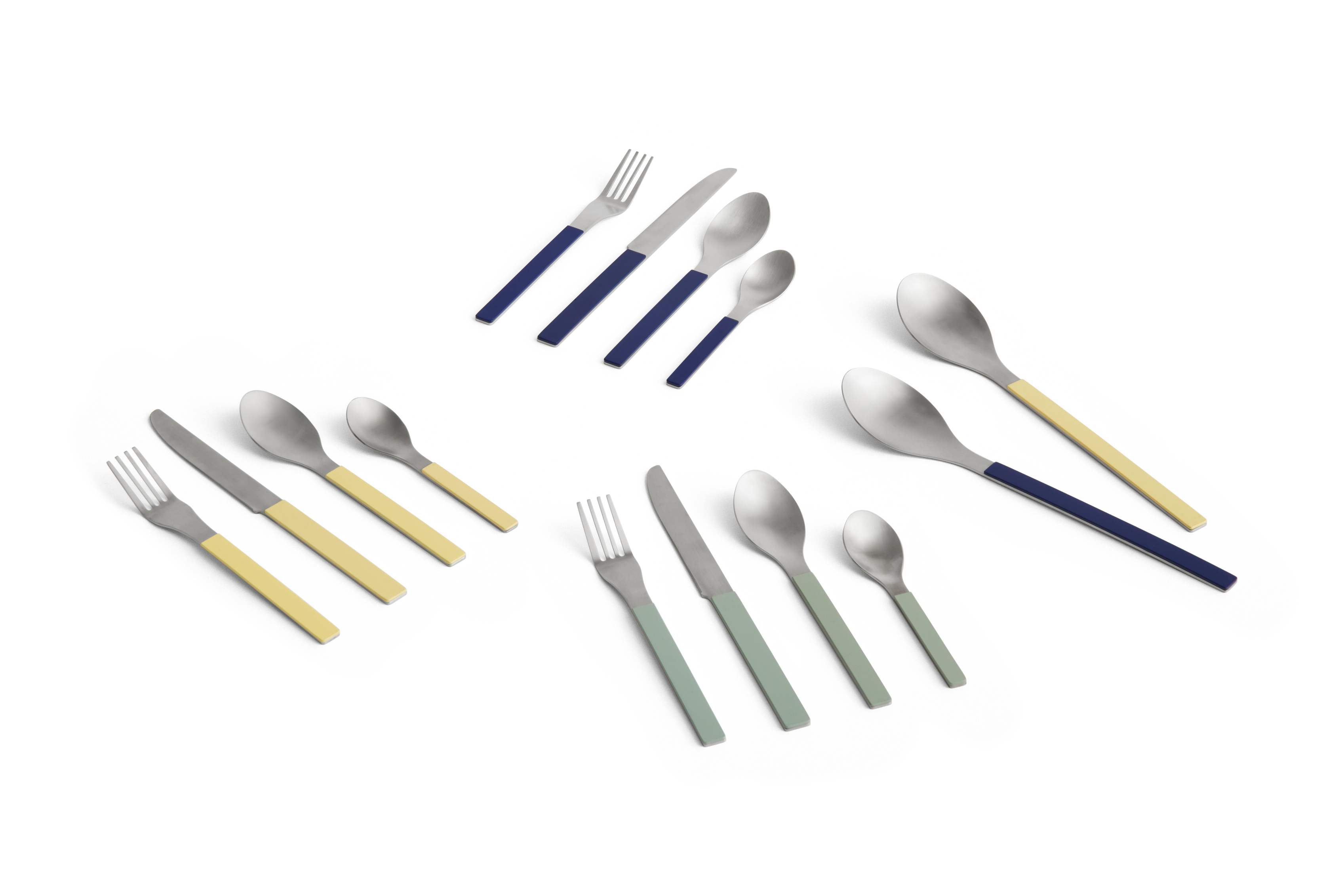 MVS Cutlery Set: Messer, Gabel, Löffel in Gelb, Blau und Grün auf weißem Hintergrund.