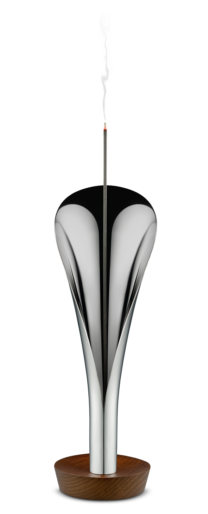 Alessi Räucherstäbchenhalter MW71: Modernes Design aus poliertem Stahl und Holz mit Räucherstäbchen.