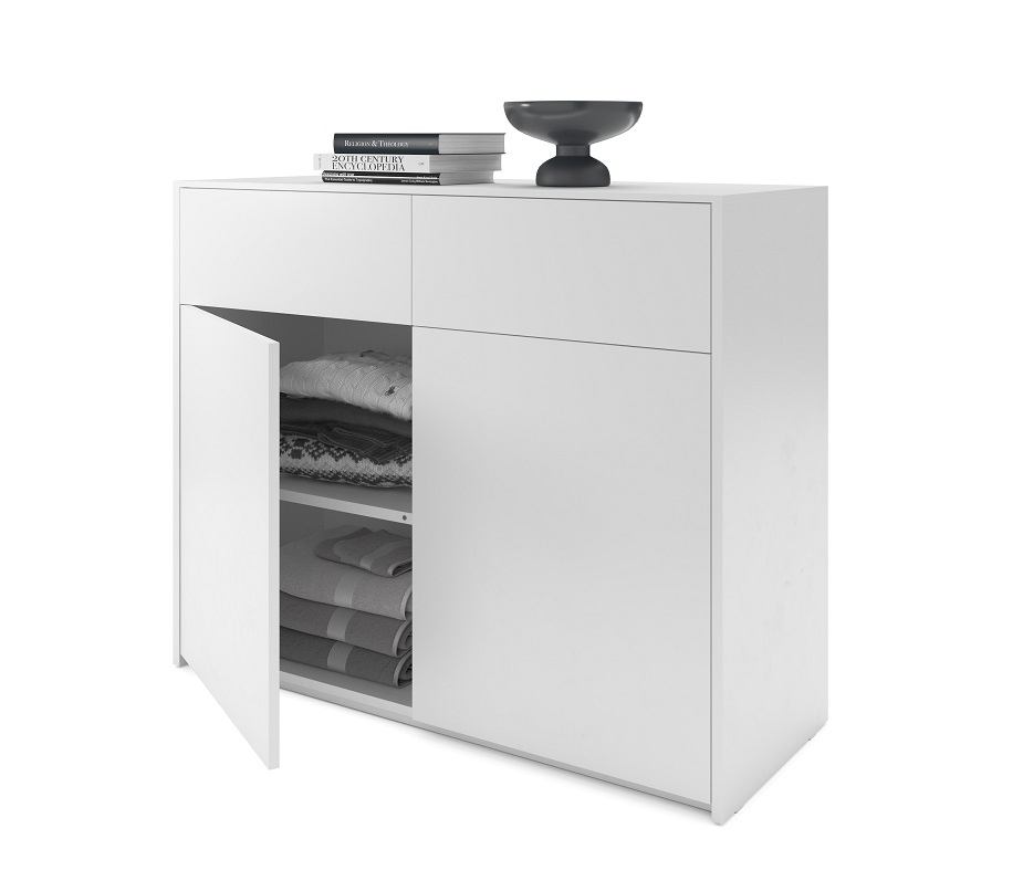 Weiße Modular Plus Kommode von Müller Möbelwerkstätten mit zwei Türen und Schubladen, teilweise geöffnet.