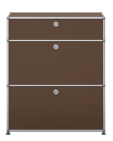 Braunes USM Haller Highboard mit zwei Klappen und silbernem Gestell, modernes Designmöbel für Wohnen und Büro.
