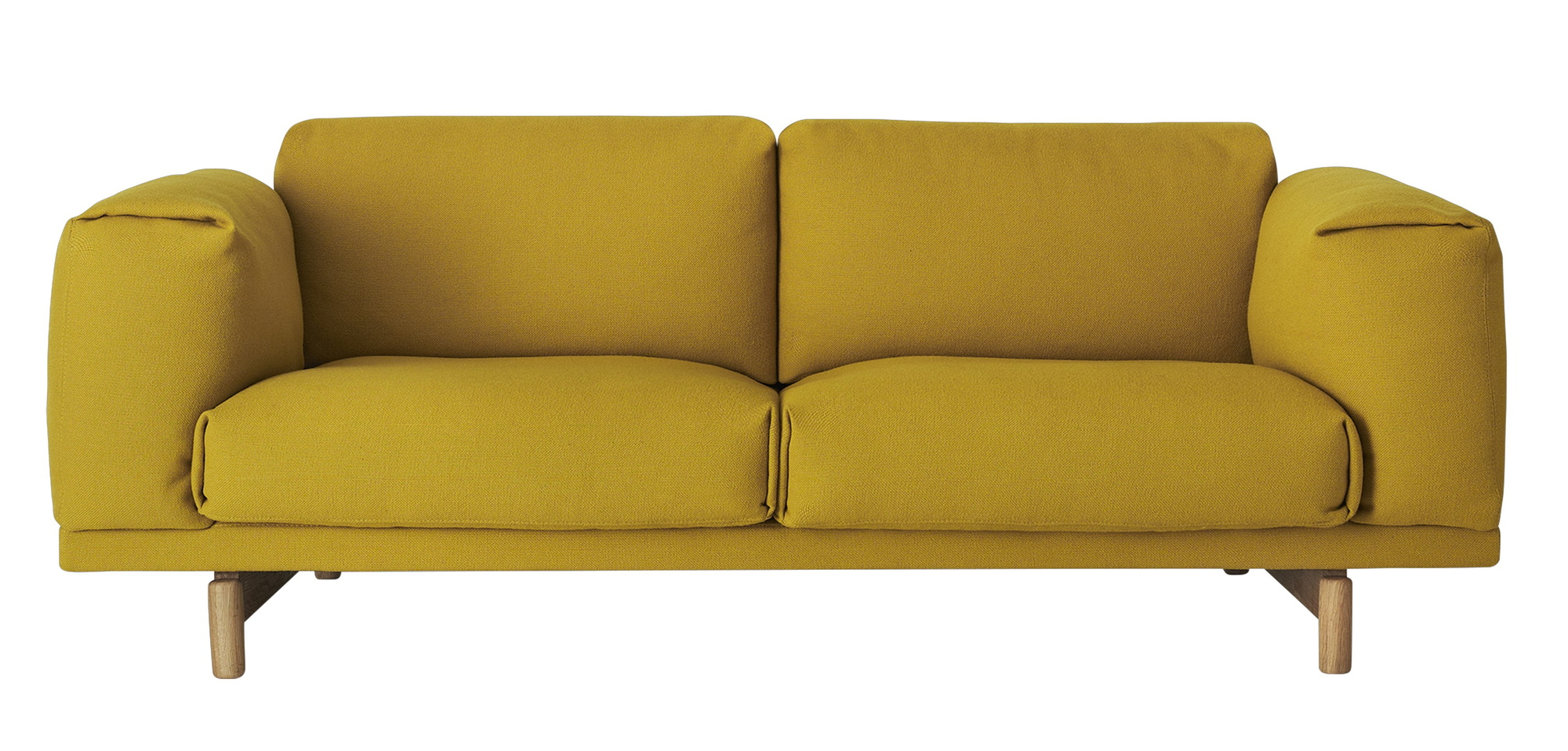 Gelbes Muuto Rest Sofa, ein moderner 2-Sitzer mit Holzfüßen für Wohnzimmer und Lounge.