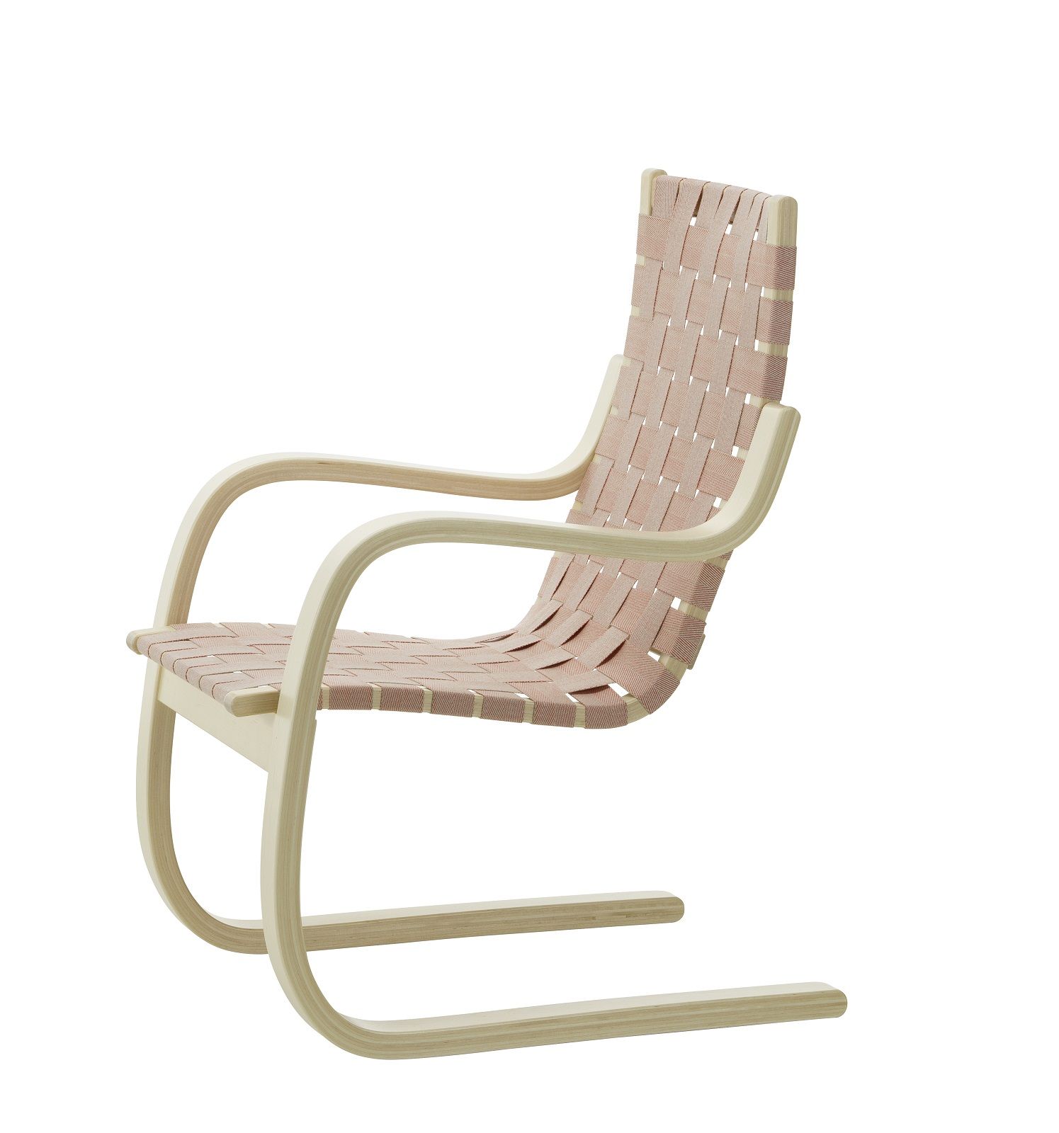 Armchair 406 Sessel Artek mit hellem Holzrahmen und rosa Textilbespannung, modernes Design.