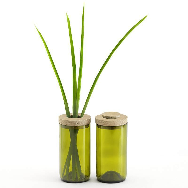 Grüne Side by Side Vase und Dose aus Glas mit Holzdeckel, minimalistisches Design.