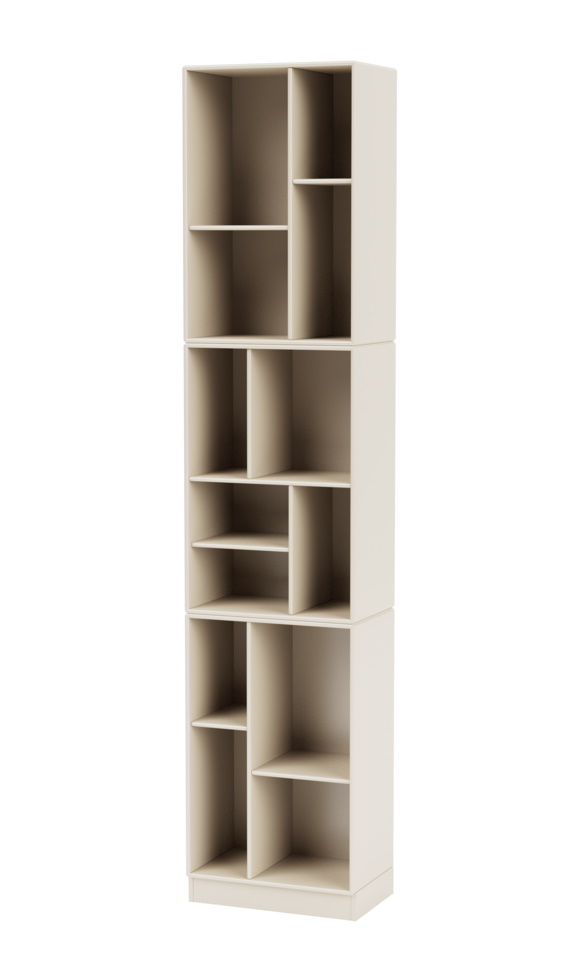 Loom Bücherregal in Oat Farbe, ein modernes Regal mit mehreren Fächern für Bücher und Dekoration.