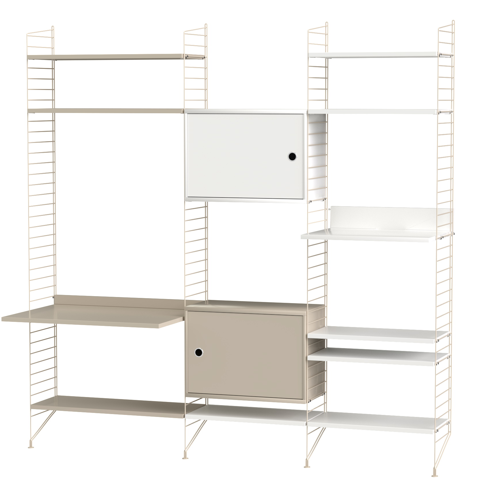 Beiges String Regalsystem mit Regalböden, Schreibtischplatte und Schrankelementen für Wohnzimmer und Büro.