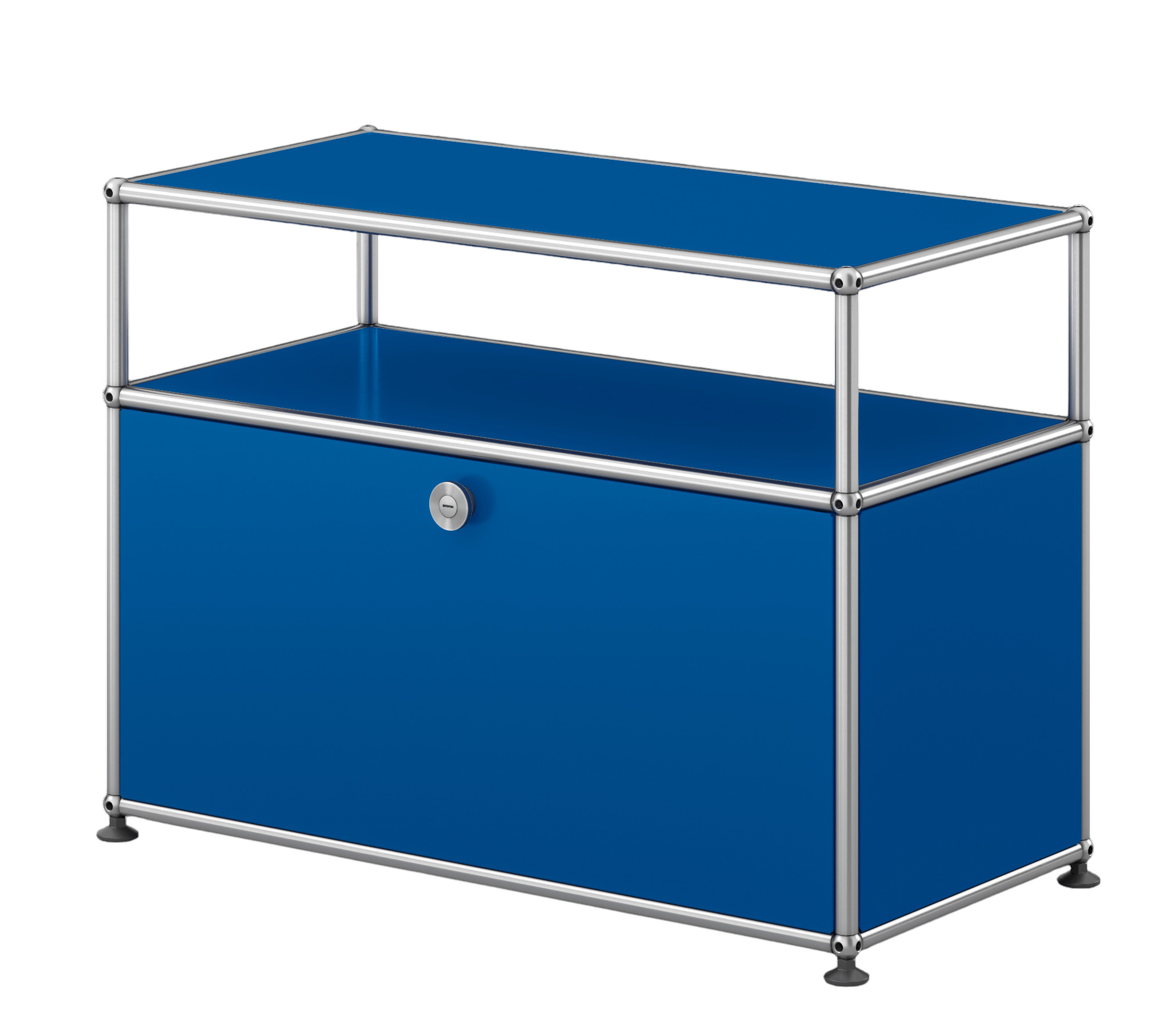 USM Haller Beistellmöbel in Enzianblau mit einer Klappe und verchromtem Gestell, modernes Design.