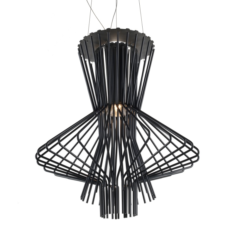 Schwarze Allegro Ritmico Deckenleuchte von Foscarini, moderne Pendelleuchte aus Metallstäben für Wohnzimmer und Esszimmer.