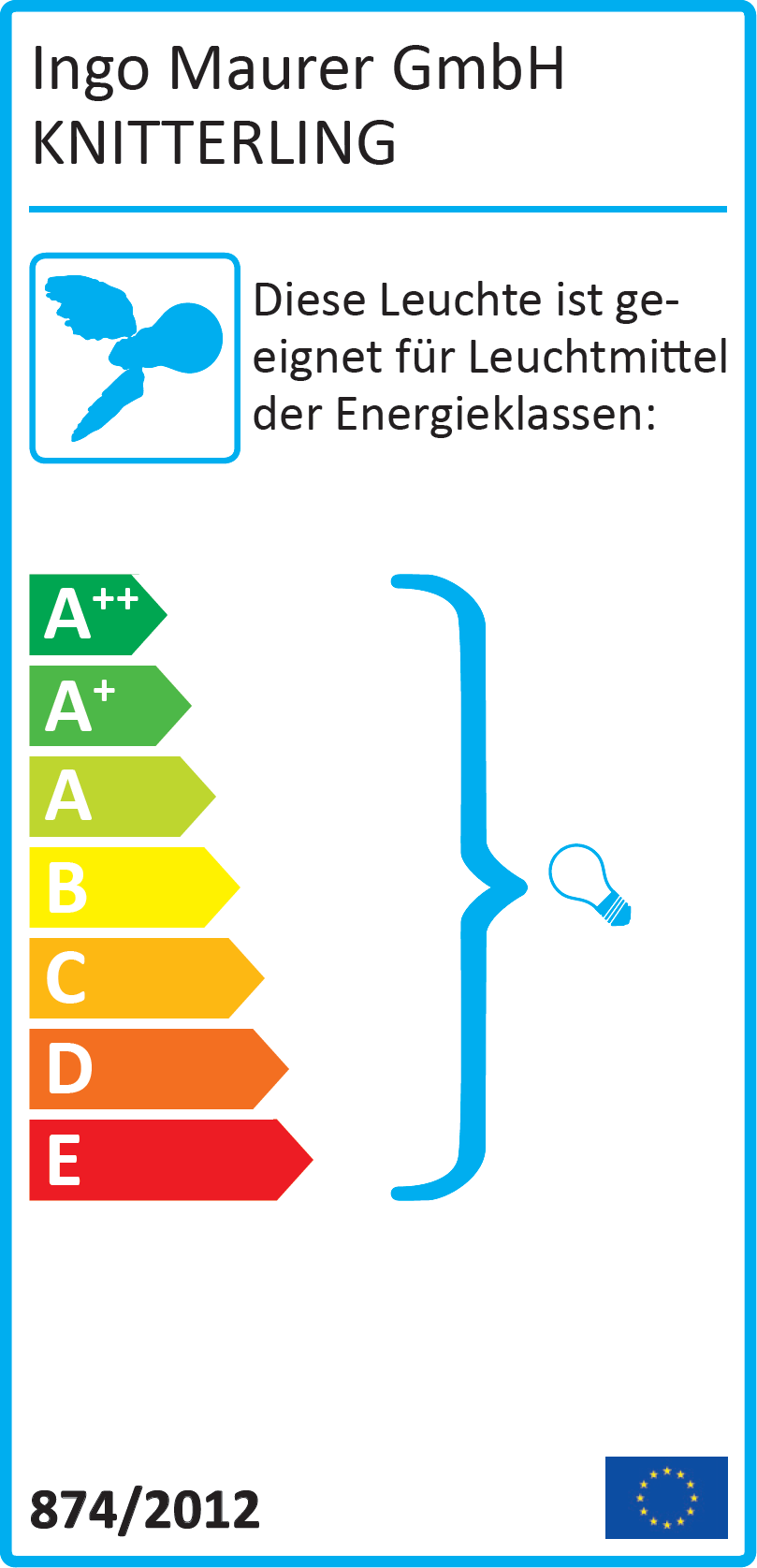 Energieeffizienzlabel der KNITTERLING Pendelleuchte von Ingo Maurer mit Energieklassen von A++ bis E.