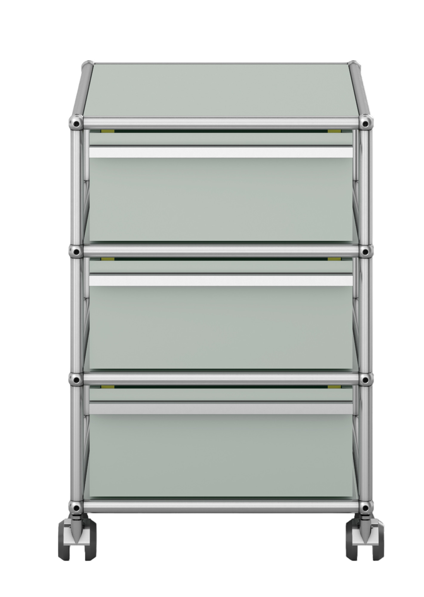 USM Haller Rollcontainer in Lichtgrau mit drei Schubladen und verchromtem Gestell auf Rollen.