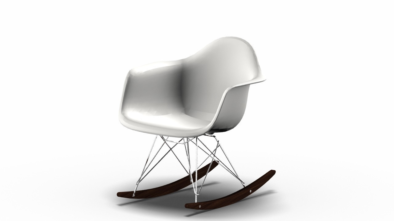 Vitra Eames RAR Schaukelstuhl in Weiß mit Ahorn-Kufen und Chrom-Gestell, modernes Design.