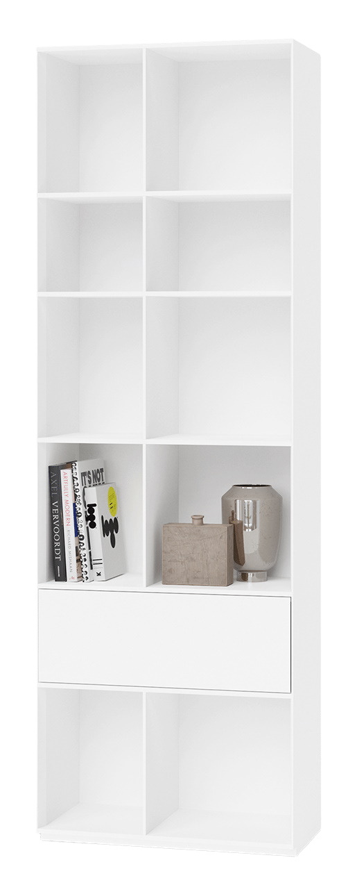 Weißes Nex Pur Regal mit Schublade und offenen Fächern, modernes Design für Wohnzimmer und Büro.