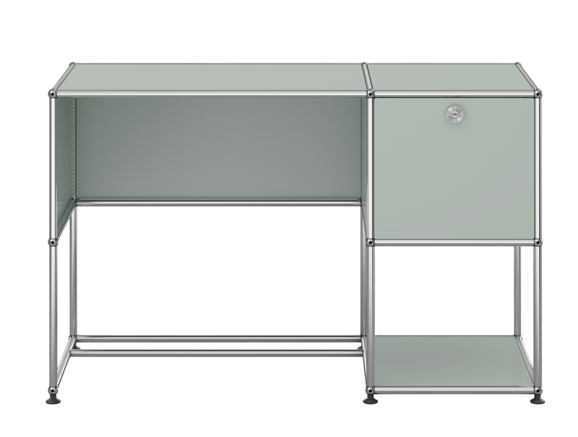USM Haller Schreibtisch in Lichtgrau mit einem abschließbaren Fach und minimalistischem Design für das moderne Büro.