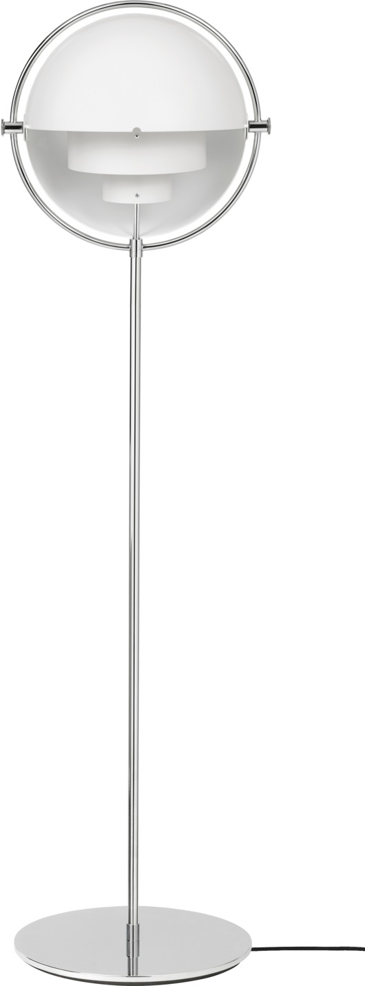 Multi-Lite Stehleuchte von Gubi in Chrom und Weiß: Moderne Stehlampe für Wohnzimmer.
