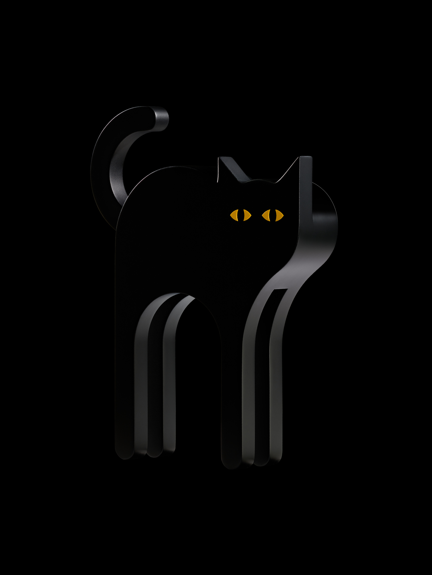 Schwarze Cat Holzfigur von Tecta, modernes Designobjekt mit gelben Augen, Dekoration für Katzenliebhaber.