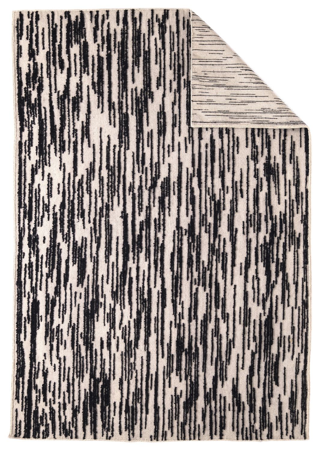 Nanimarquina Teppich: Doblecara Rug mit abstraktem, vertikalem Streifenmuster in Schwarz und Beige. Hochwertiger Design Teppich.