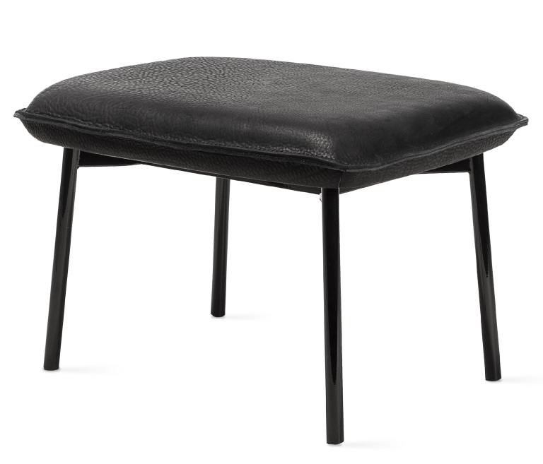 Schwarzer Grace Ottoman von Freifrau Manufaktur mit Lederbezug und filigranem Metallgestell, modernes Design.