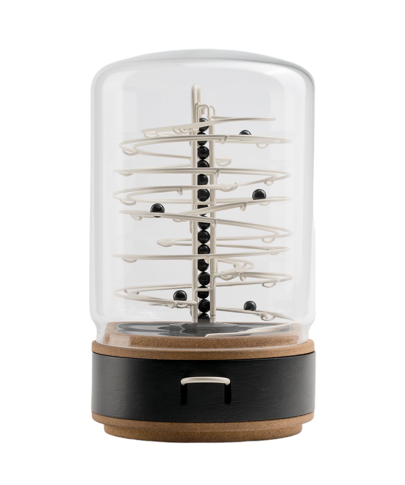 ElectRoll Classic White: Kugelbahn-Kunstobjekt unter Glasglocke mit USB-C Anschluss.