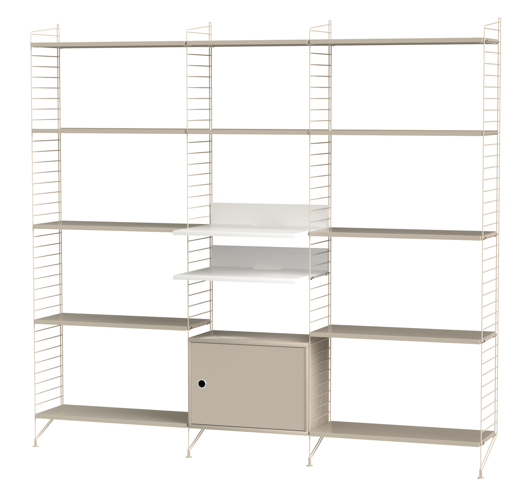 Beiges String Regalsystem für das Wohnzimmer mit Regalböden und Schrankelement, modernes Wandregal.