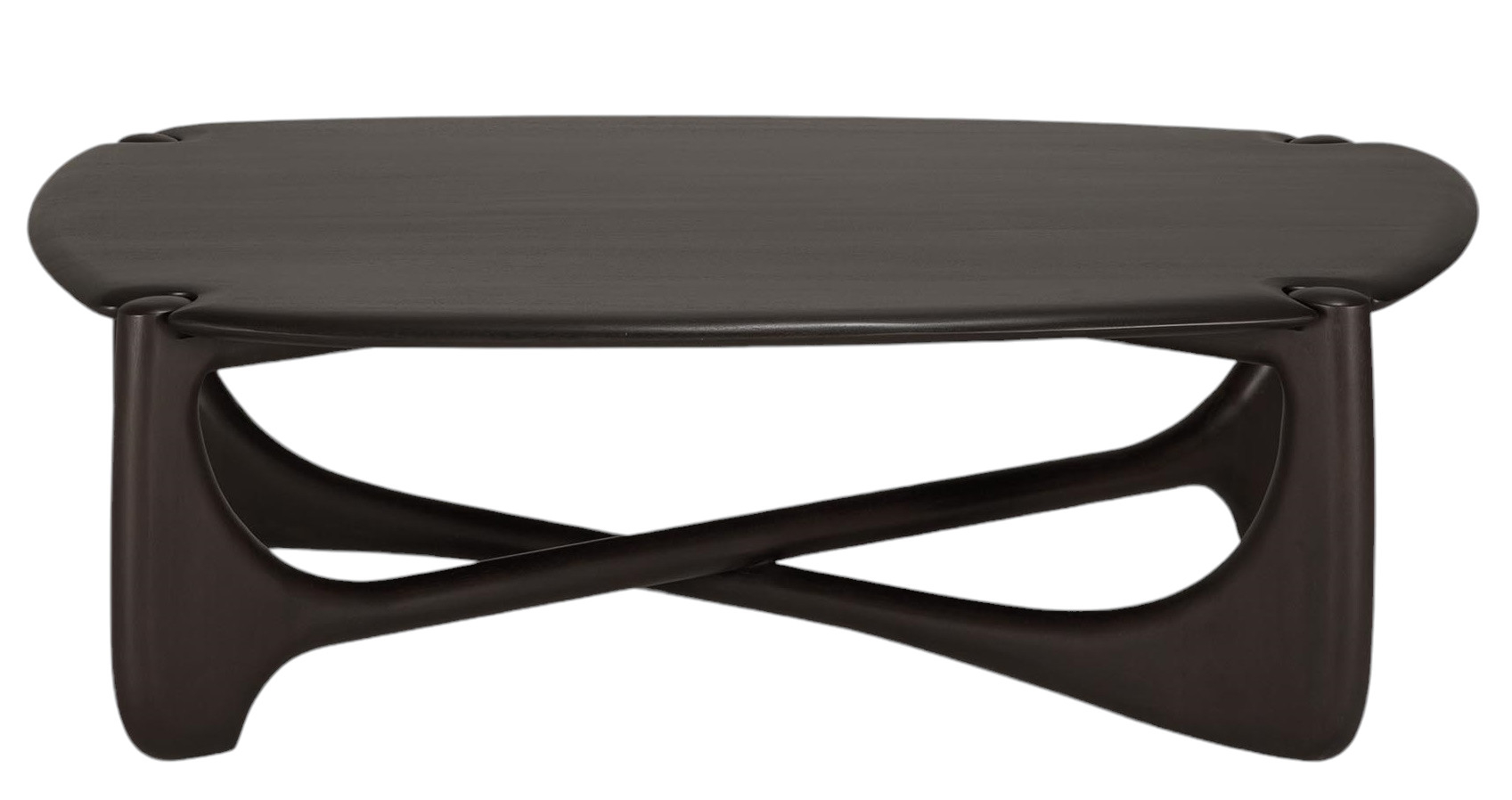 Dunkler PI Couchtisch von Ethnicraft aus Massivholz mit einzigartigem, gekreuztem Untergestell. Moderner Holztisch für Wohnzimmer.