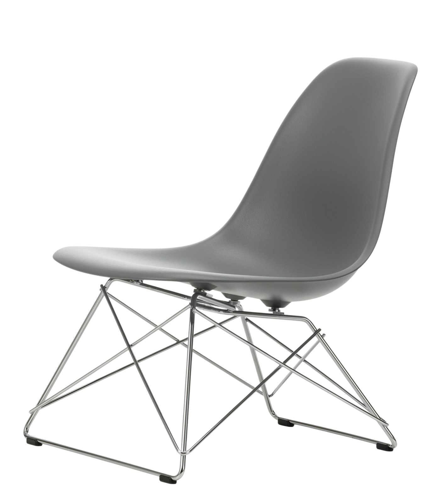 Grauer Eames Plastic Side Chair mit verchromtem Drahtgestell von Vitra, moderner Designklassiker.