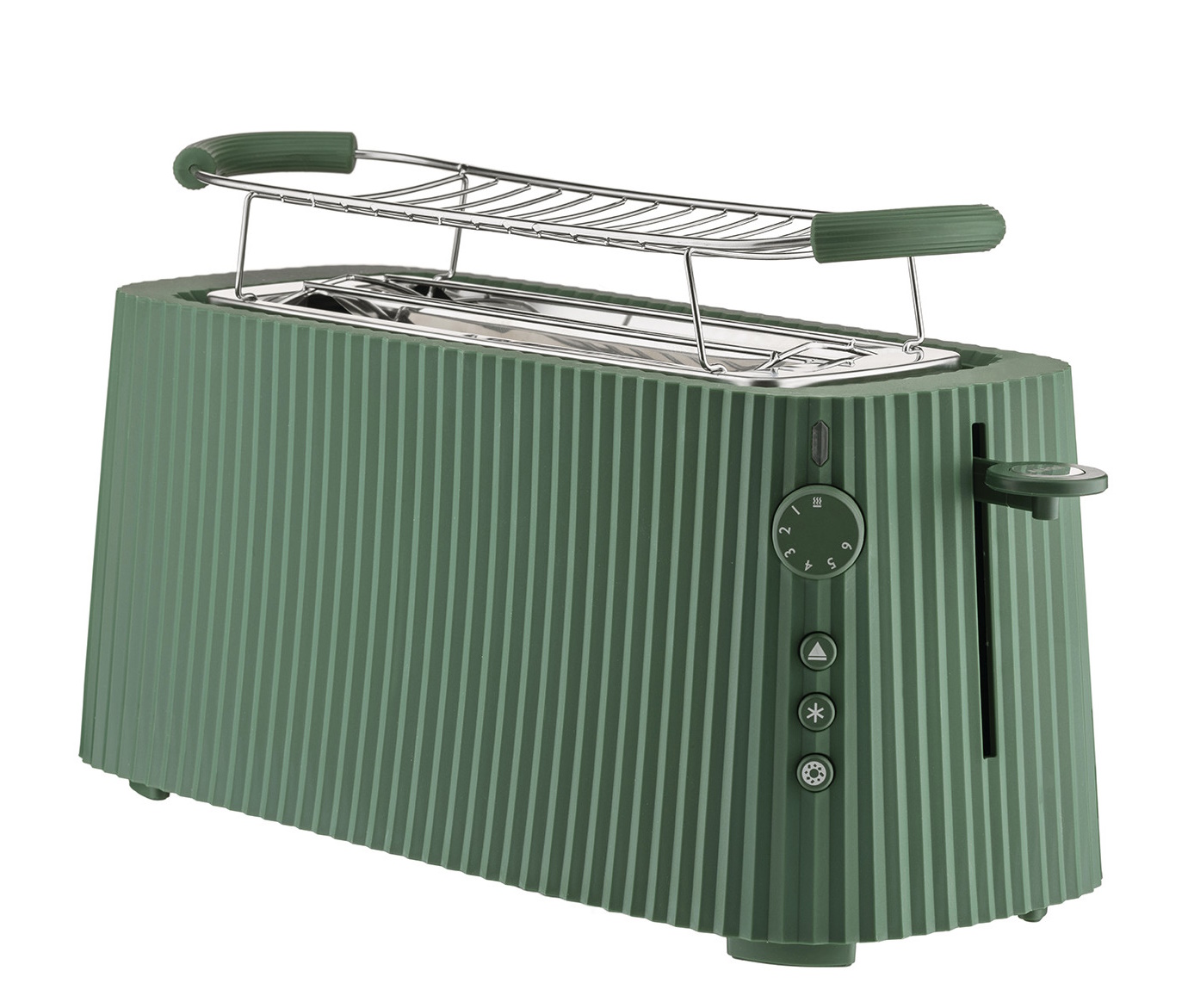 Grüner Alessi Plissé Toaster mit Brötchenaufsatz, Detailaufnahme des modernen Küchendesign Toasters.
