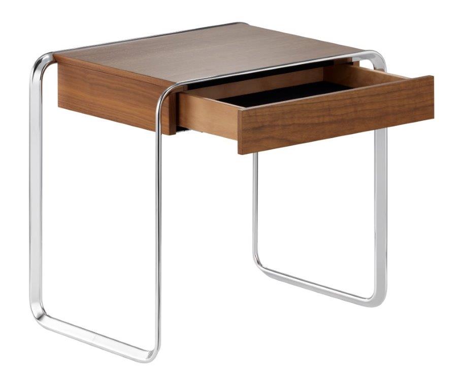 K2A Oblique Beistelltisch von Tecta mit offener Schublade und verchromtem Stahlrohrgestell. Moderner Nachttisch aus Holz.