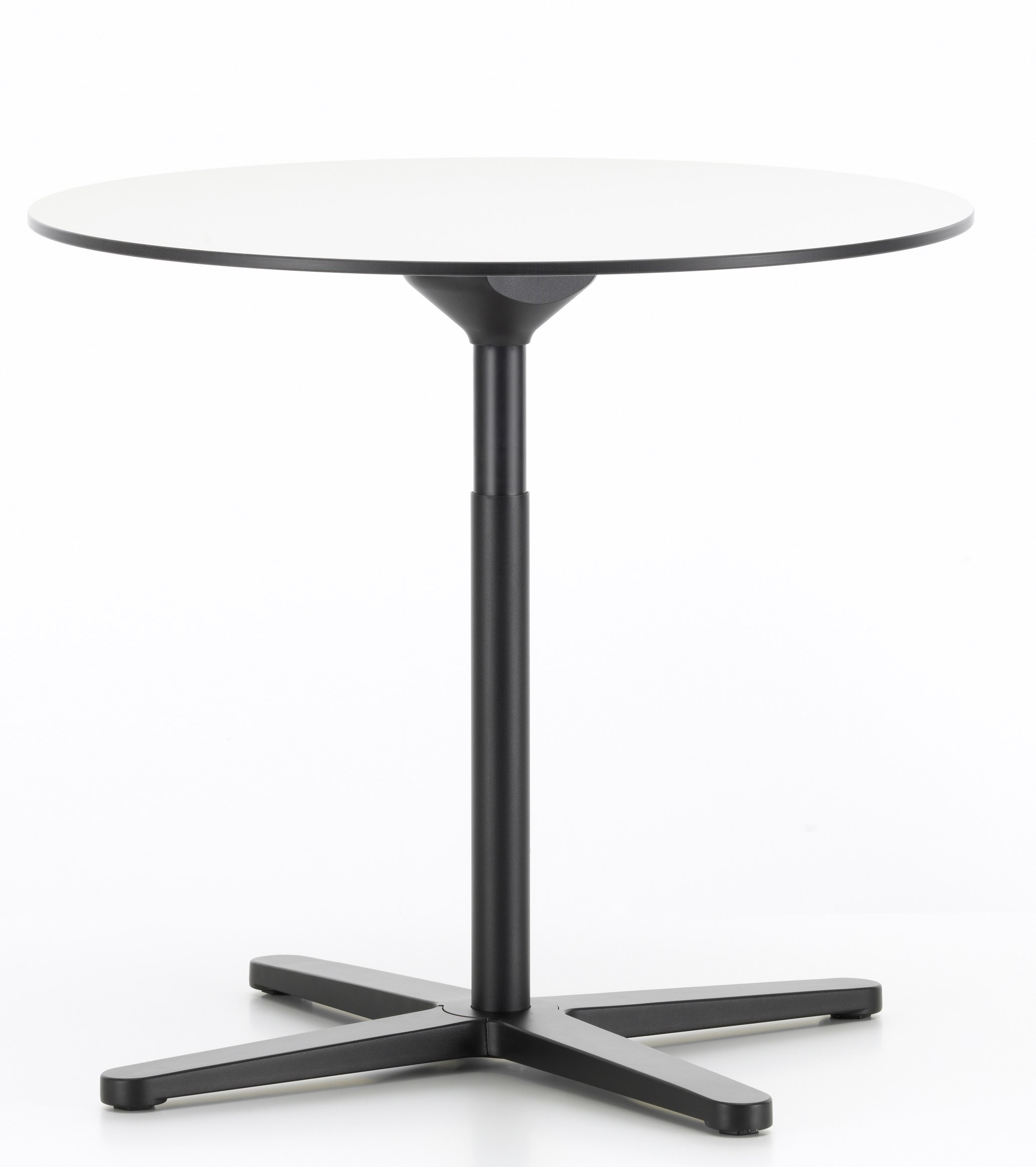 Weißer, runder Vitra Super Fold Table Faltbarer Tisch mit schwarzem Fuß auf weißem Hintergrund.