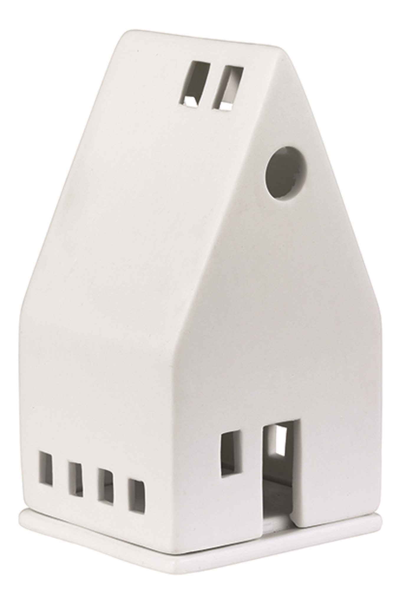 Detailaufnahme eines weißen Räder Lichthauses aus der Zuhause-Kollektion mit Fenster- und Türöffnungen.