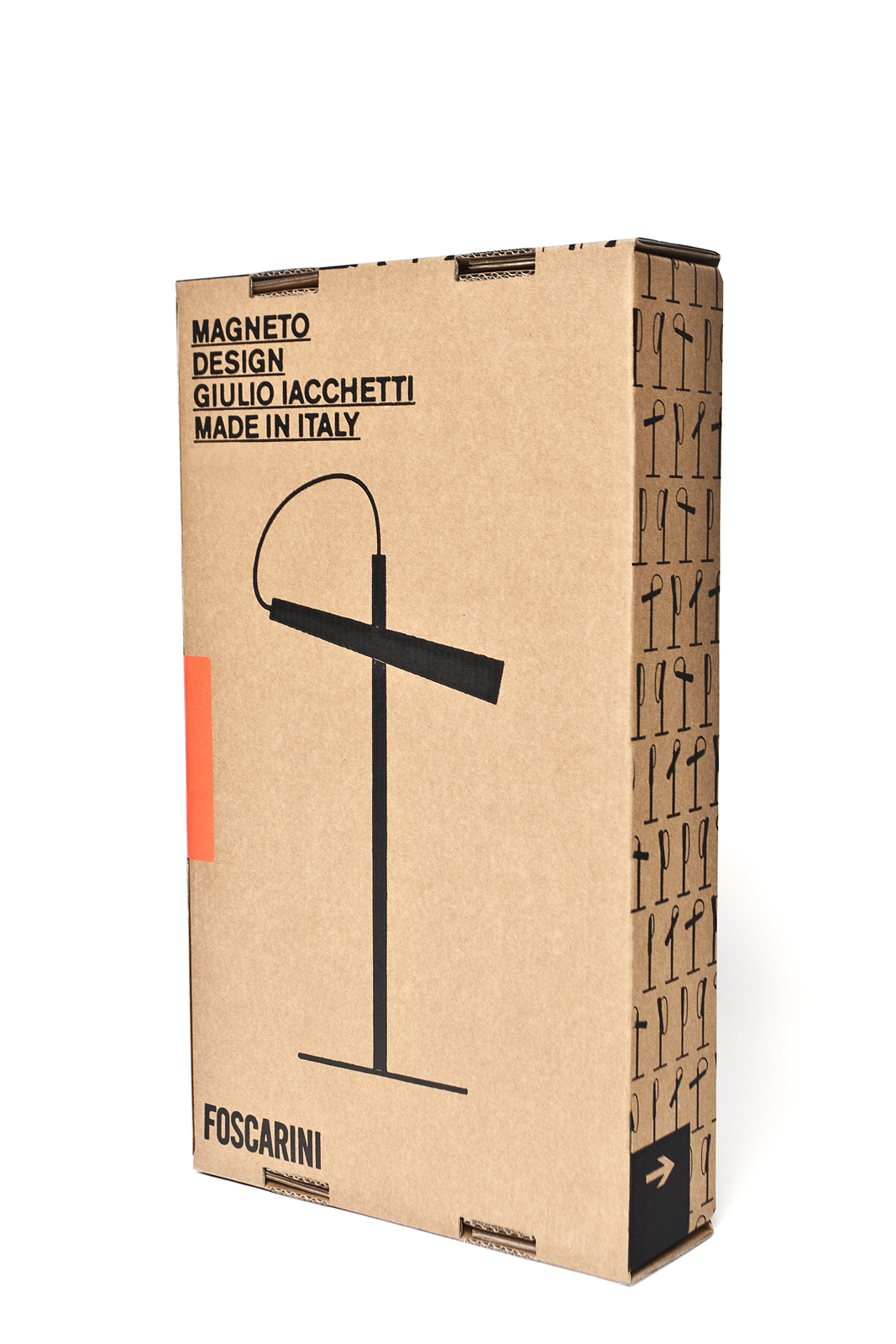 Kartonverpackung der Foscarini Magneto LED Tischleuchte mit Abbildung der Lampe. Design Tischleuchte.