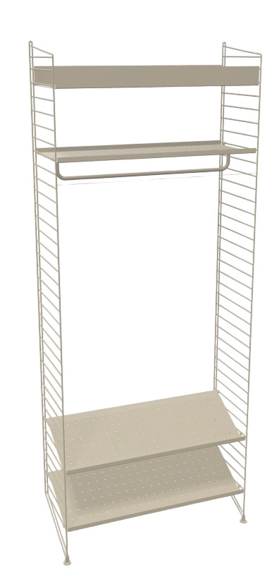 Beige Flur KONFIGURATIONEN H3 String Regal mit Kleiderstange und Regalböden für die Flureinrichtung.