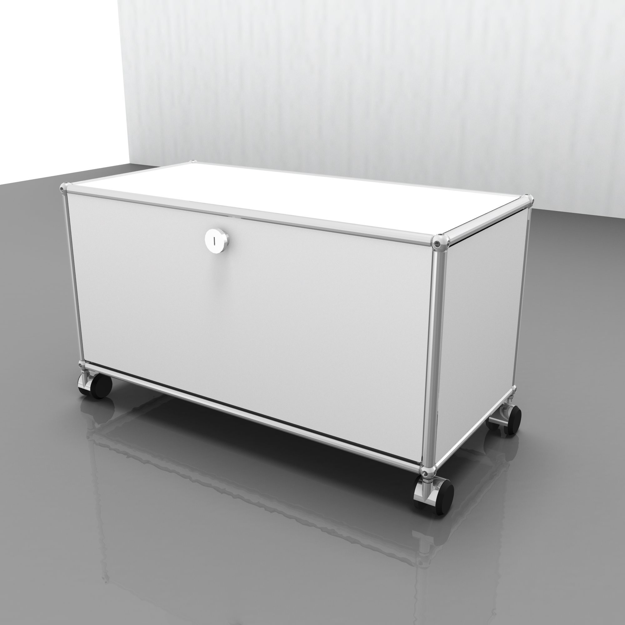 USM Haller Möbel in Reinweiß: TV- und Hi-Fi-Möbel mit Rollen und abschließbarer Tür für Wohnzimmer.