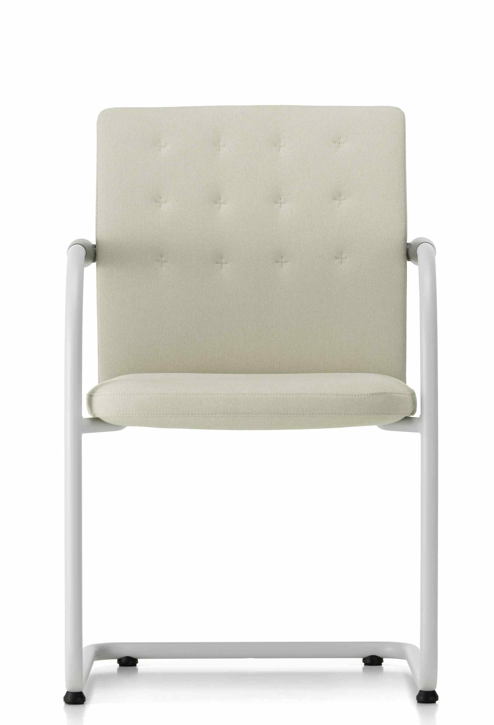 Vitra ID Visitor Trim Freischwinger Bürostuhl in Beige mit weißem Gestell, Frontansicht.