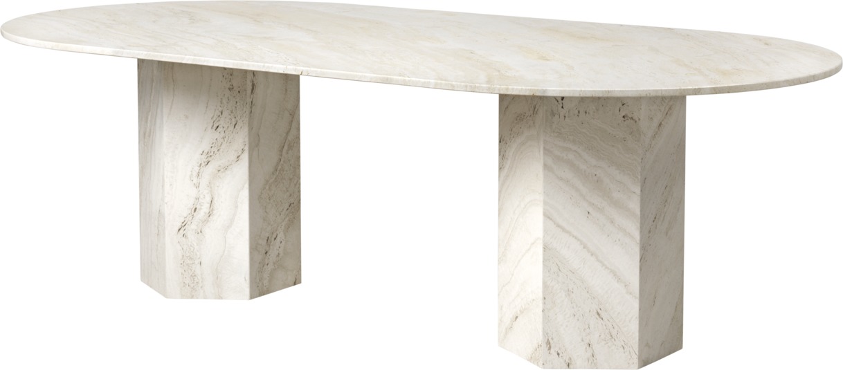 Elliptischer Esstisch aus Travertin, Gubi Epic Tisch mit zwei Sockeln.