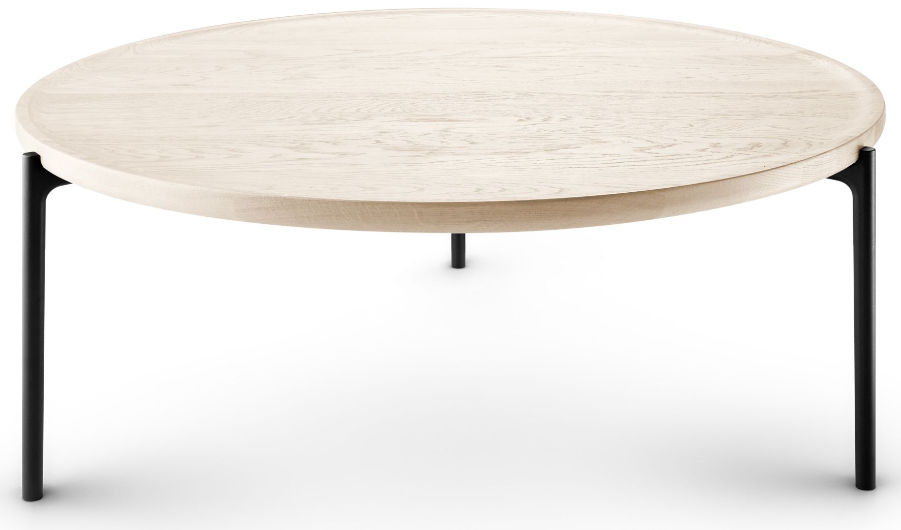 Savoye Tisch: Runder Couchtisch aus Eiche in Weiß mit schwarzem Metallgestell.