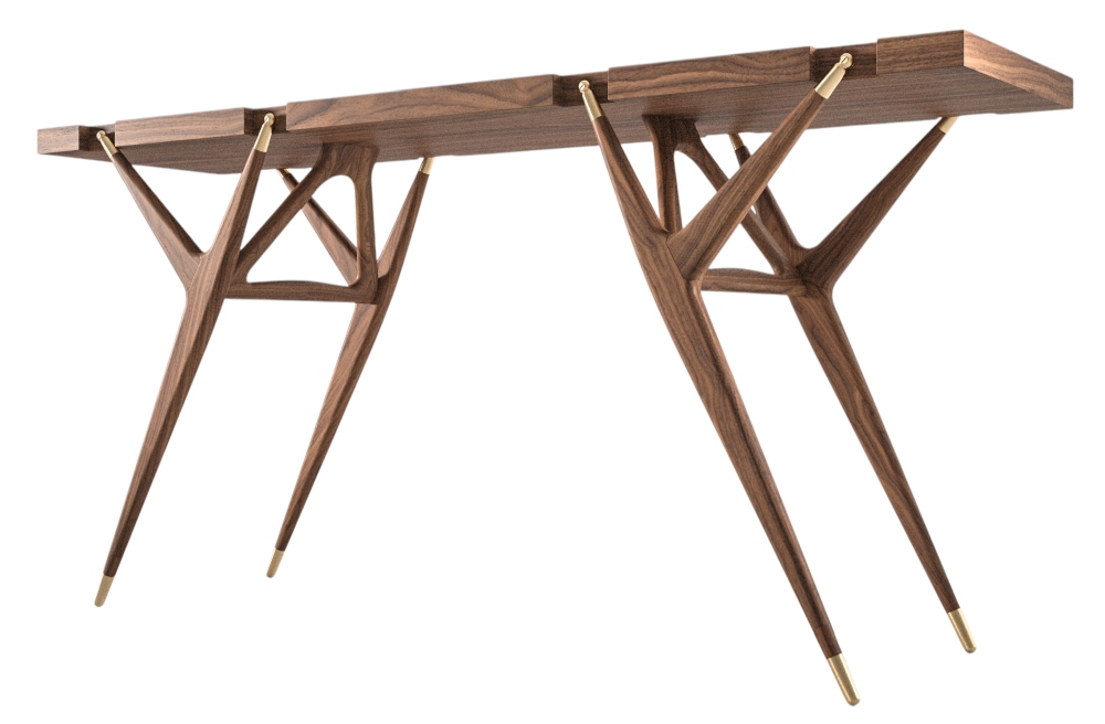 Cassina 819 PA'1947 Konsolentisch aus Nussbaumholz mit filigranem, modernem Design und messingfarbenen Details.