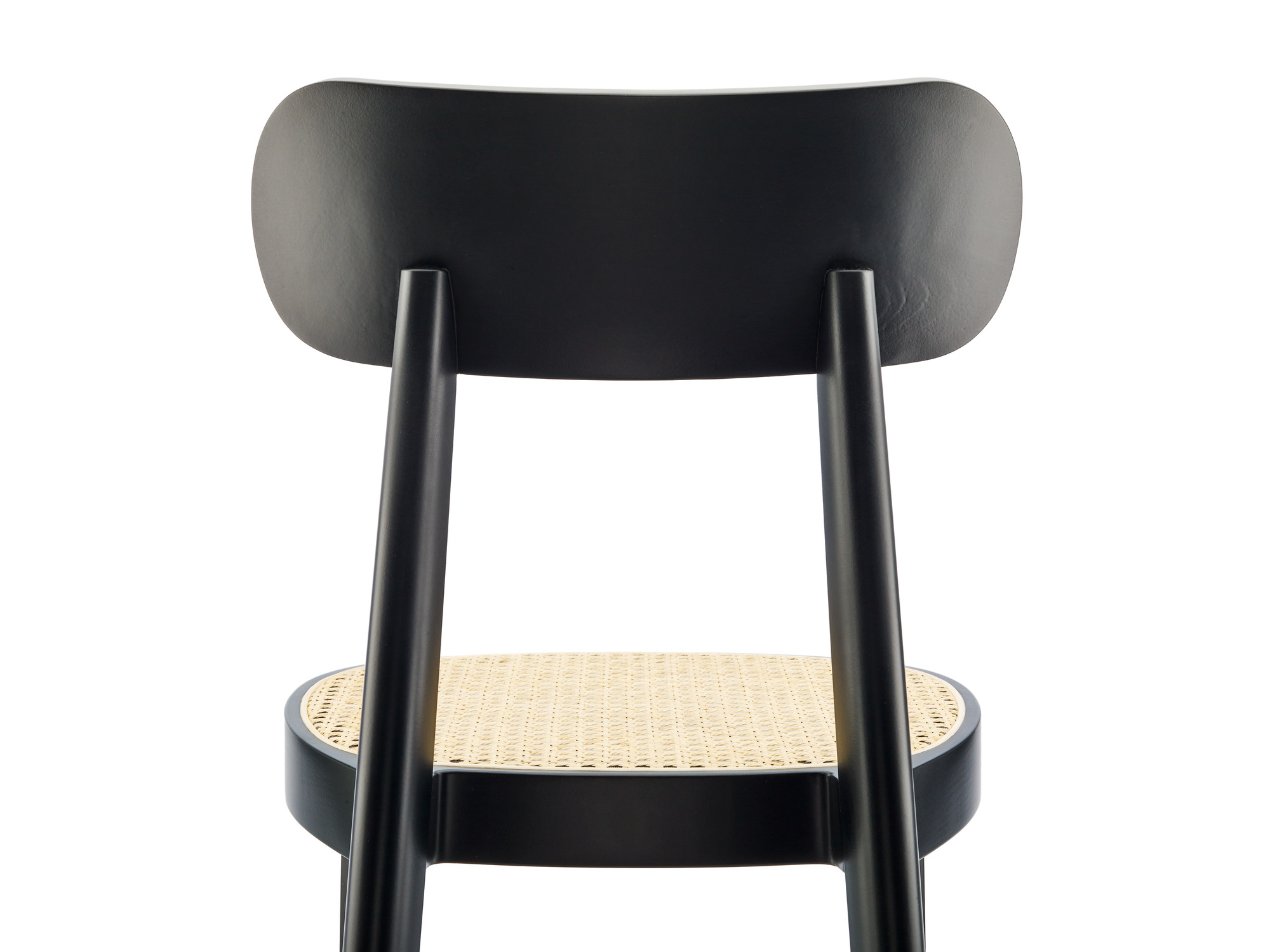 Rückansicht des Holzstuhl 118 Schwarz von Thonet mit Wiener Geflecht Sitzfläche. Designklassiker.
