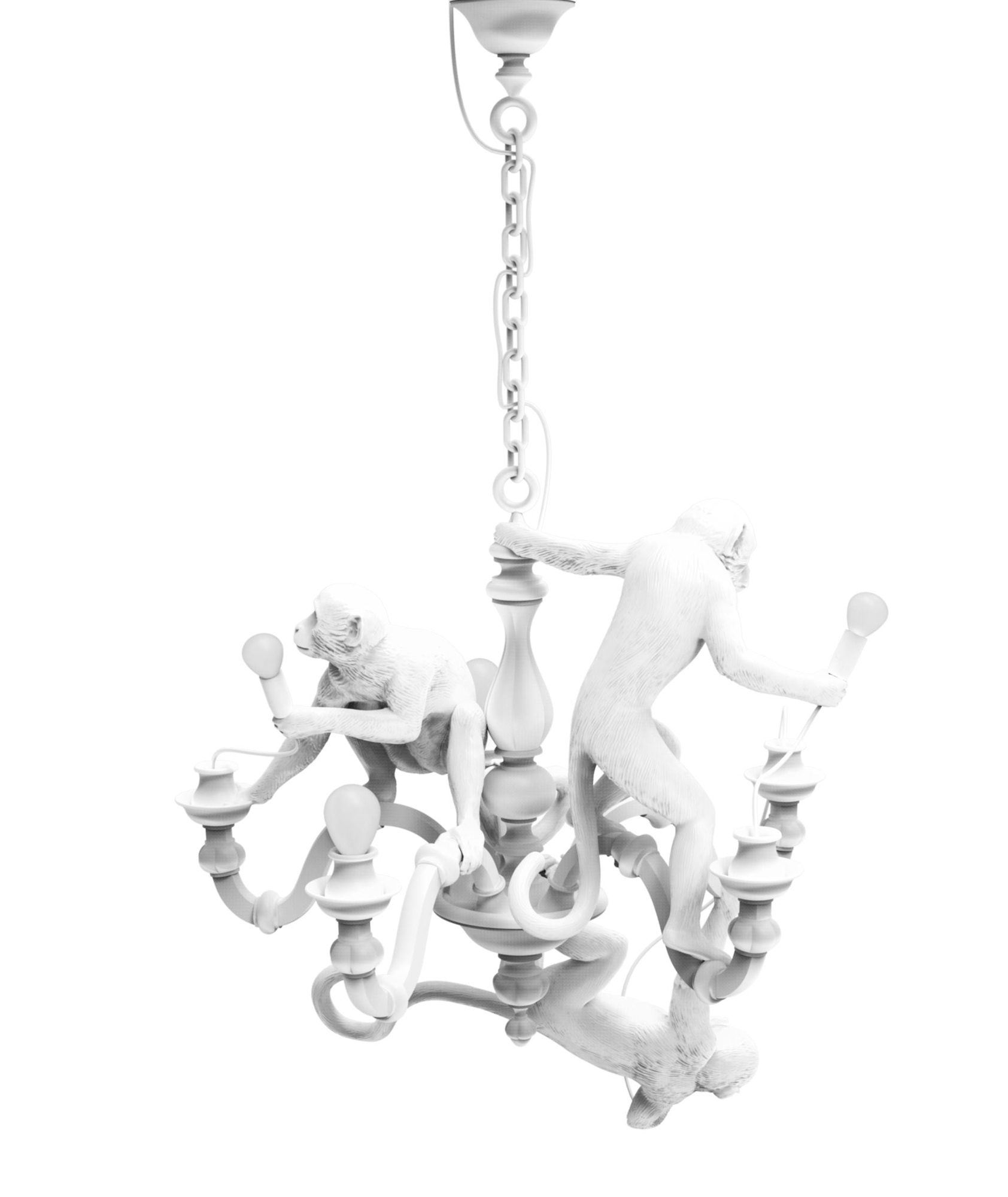 Weiße Monkey Lampe von Seletti: Verspielte Hängelampe mit Affenfiguren, modernes Design für Wohnzimmer und Esszimmer.