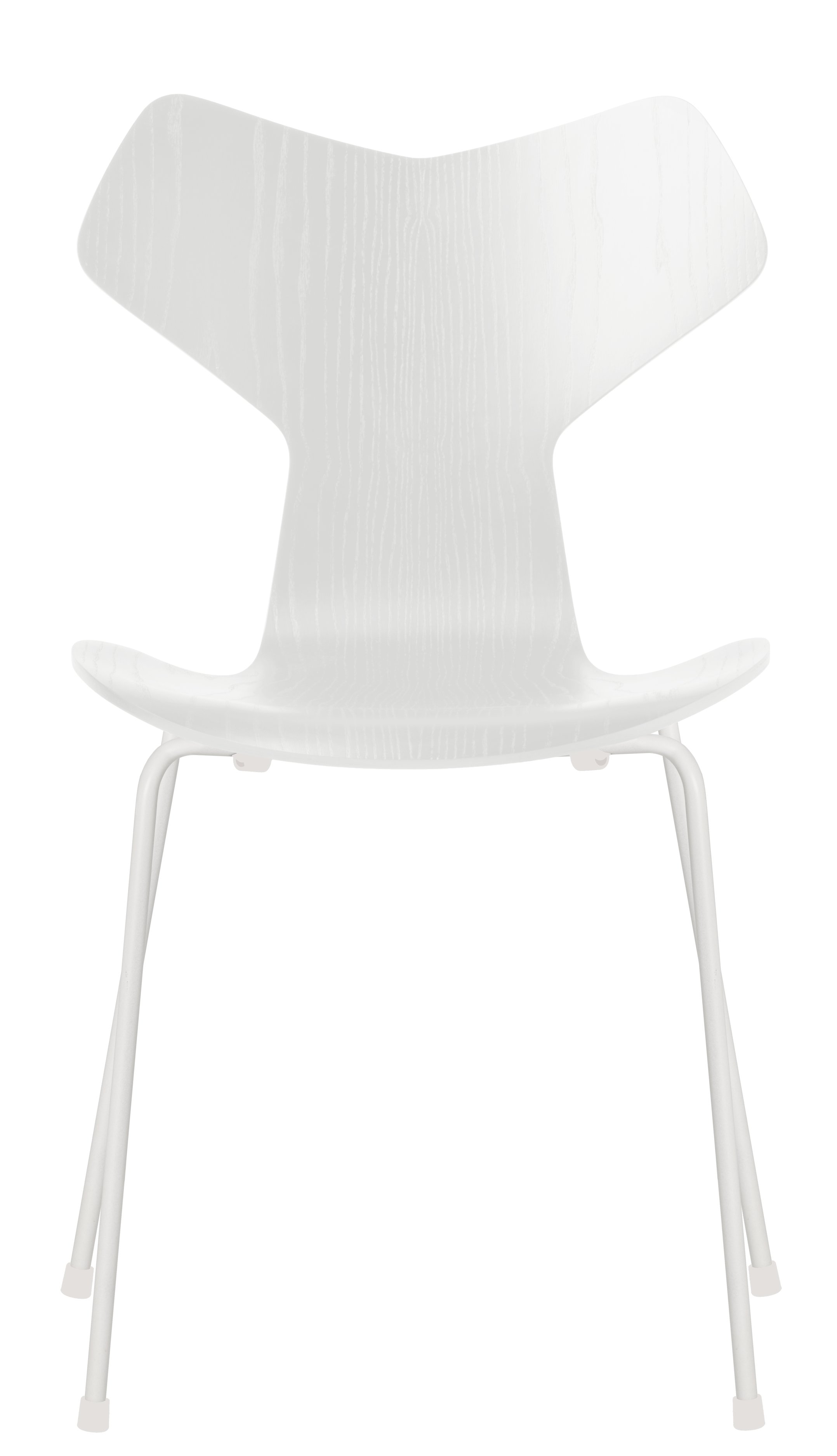 Weißer Grand Prix Stuhl von Fritz Hansen mit Holzstruktur und filigranem Metallgestell. Designklassiker für modernes Wohnen.