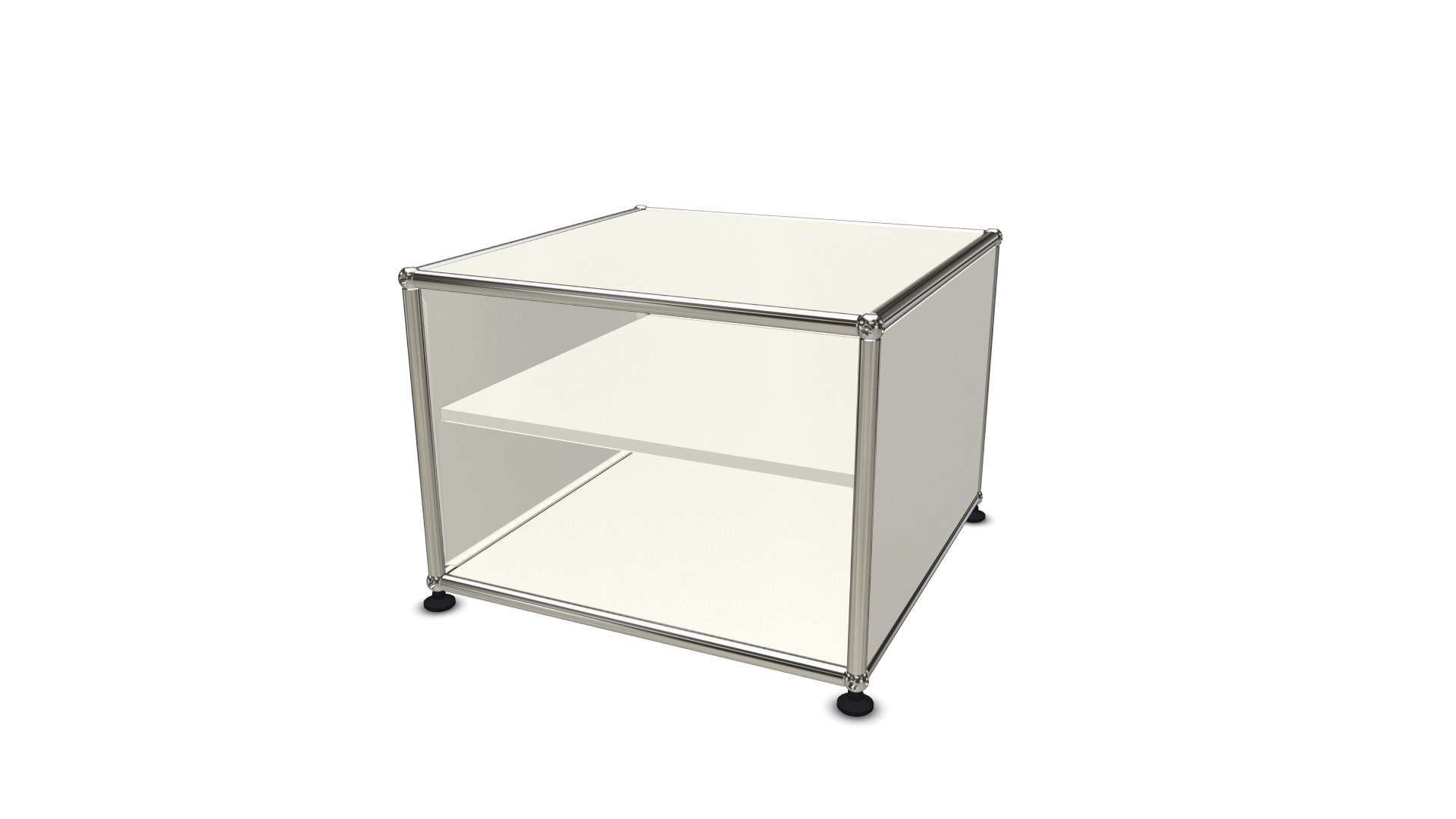 Weißes USM Haller Beistellmöbel mit Zwischentablar, minimalistisches Design für Wohnzimmer und Büro.