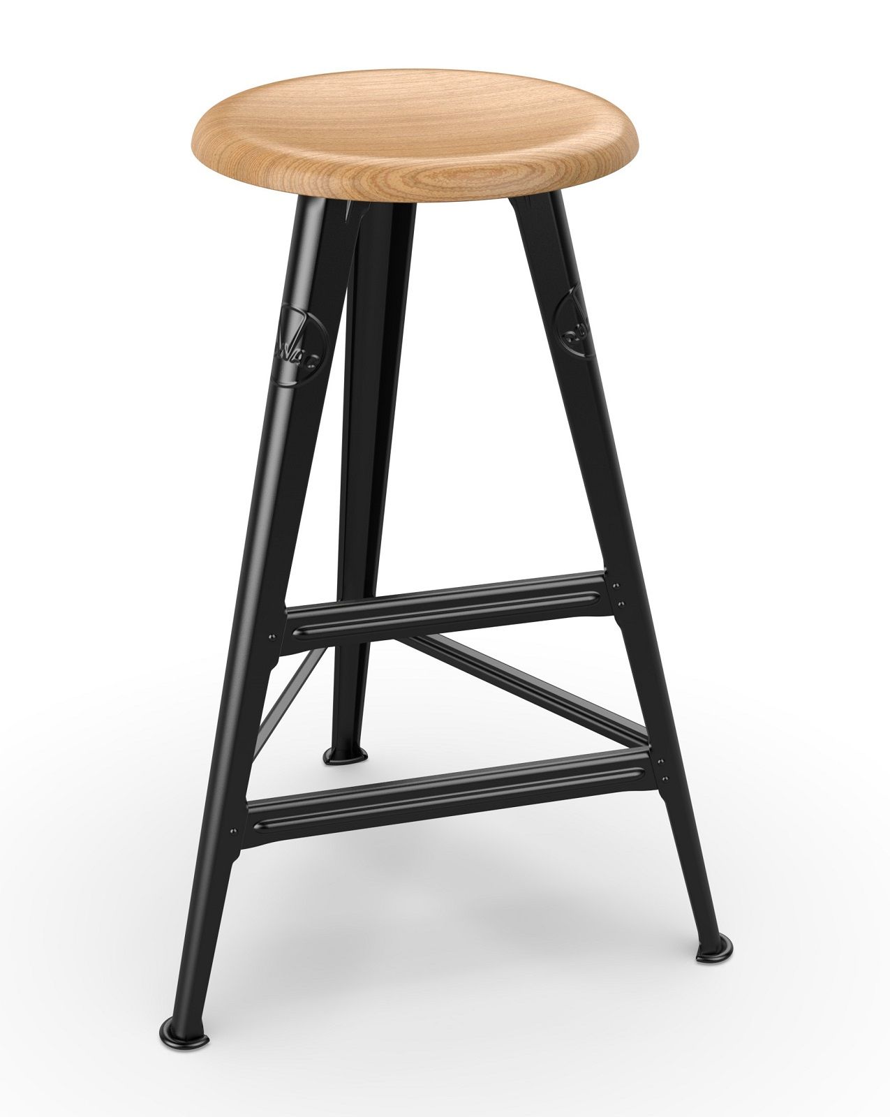 Schemel Model I Barhocker: Schwarzes Metallgestell mit Sitzfläche aus hellem Holz, 75 cm hoch.