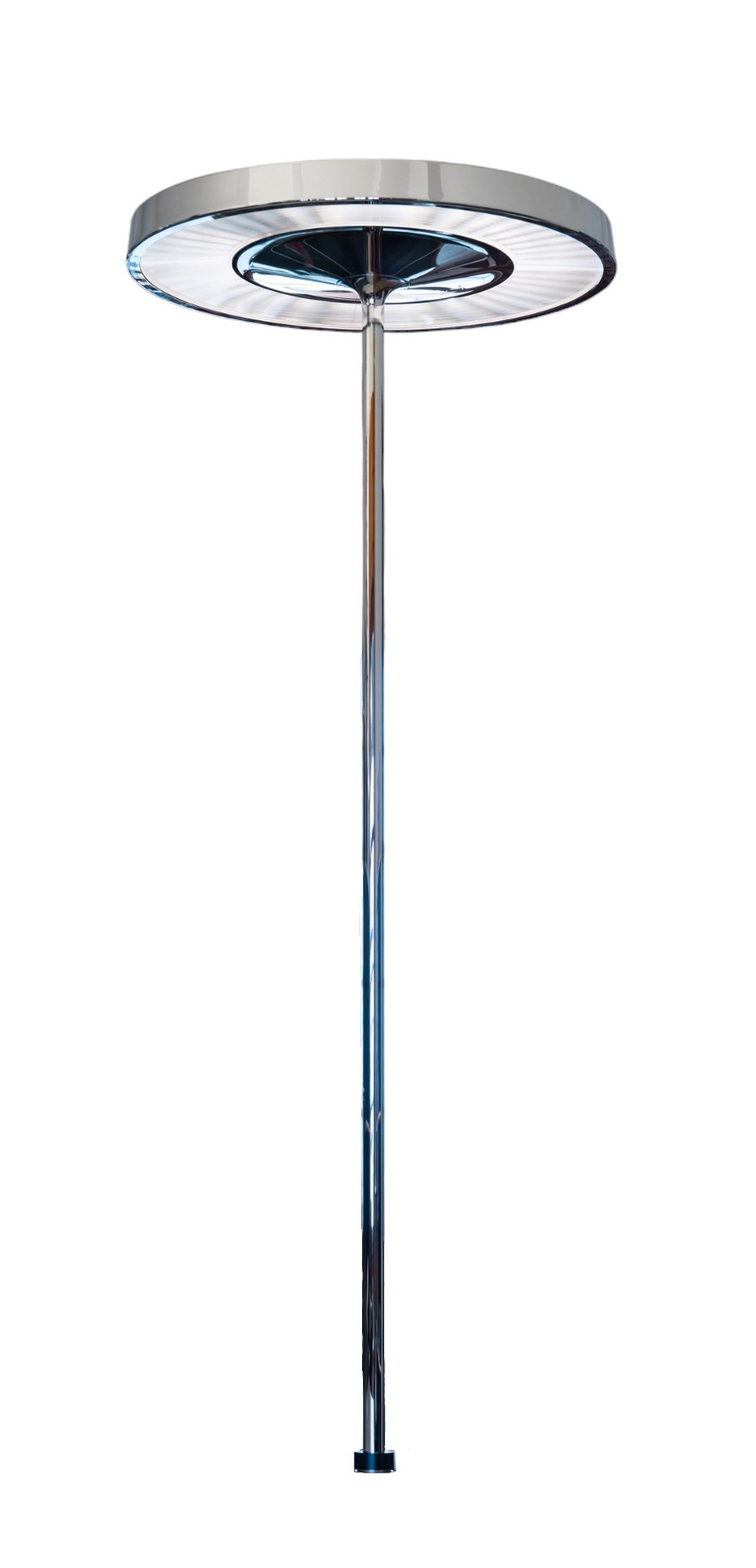 Disk Leuchte für USM Haller von Belux, Tischleuchte mit Chromfuß und kreisförmigem Lampenschirm.