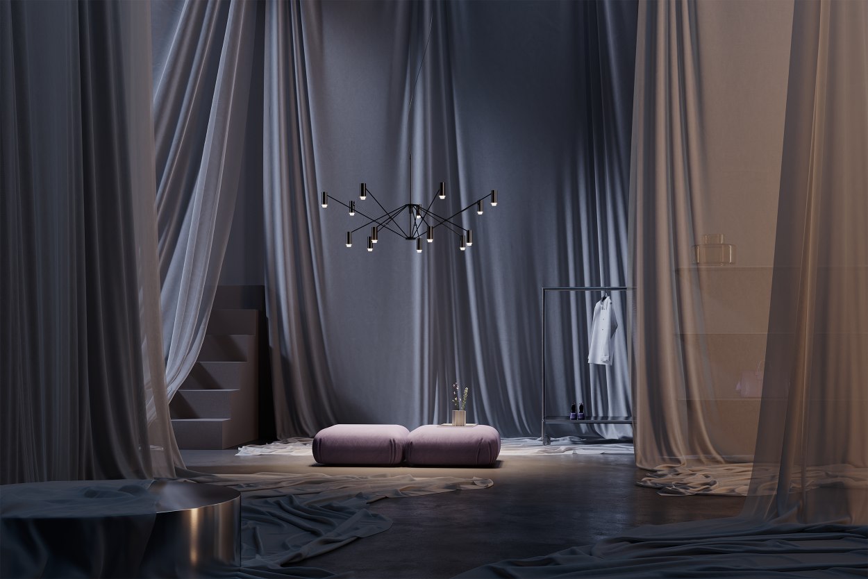 Moderne The W Pendelleuchte von Marset, schwarz und elfenbeinfarben, in stilvollem Wohnambiente mit Vorhängen.