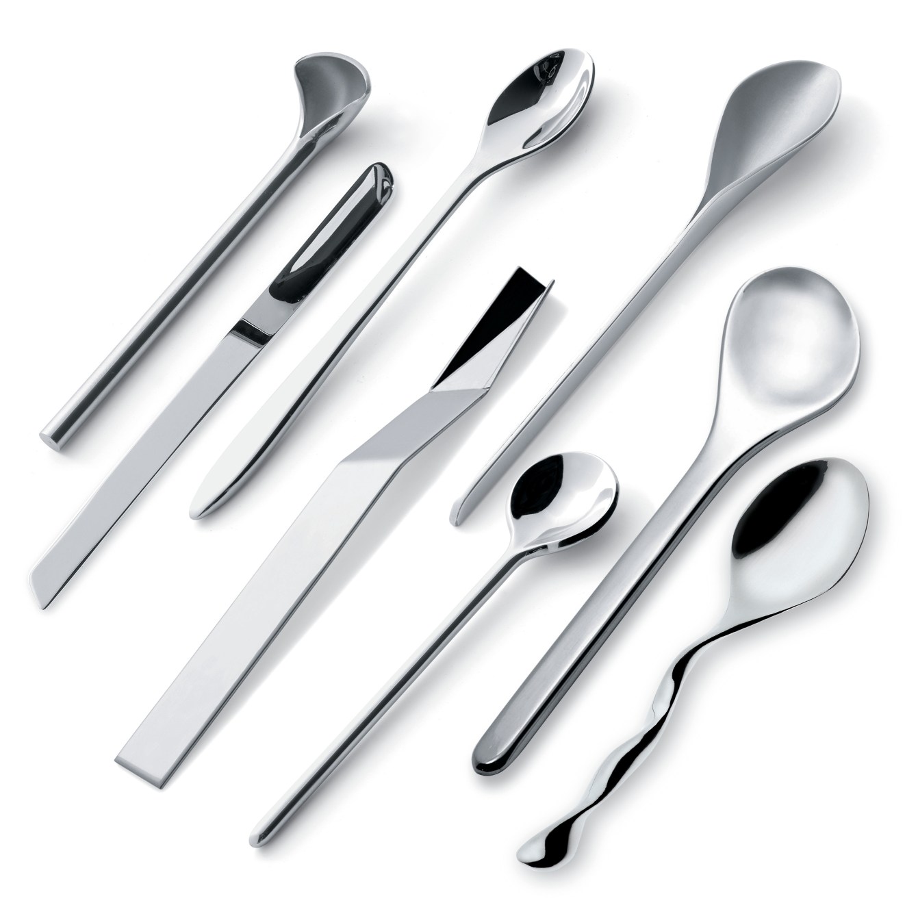 Achtteiliges Alessi Kaffeelöffel-Set "Il caffè/tè" aus glänzendem Edelstahl in verschiedenen Designs.