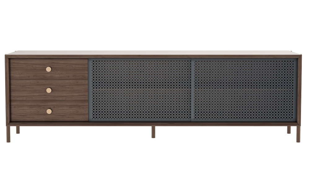 Gabin Sideboard von Hartô mit drei Schubladen und perforierten Schiebetüren aus Holz.