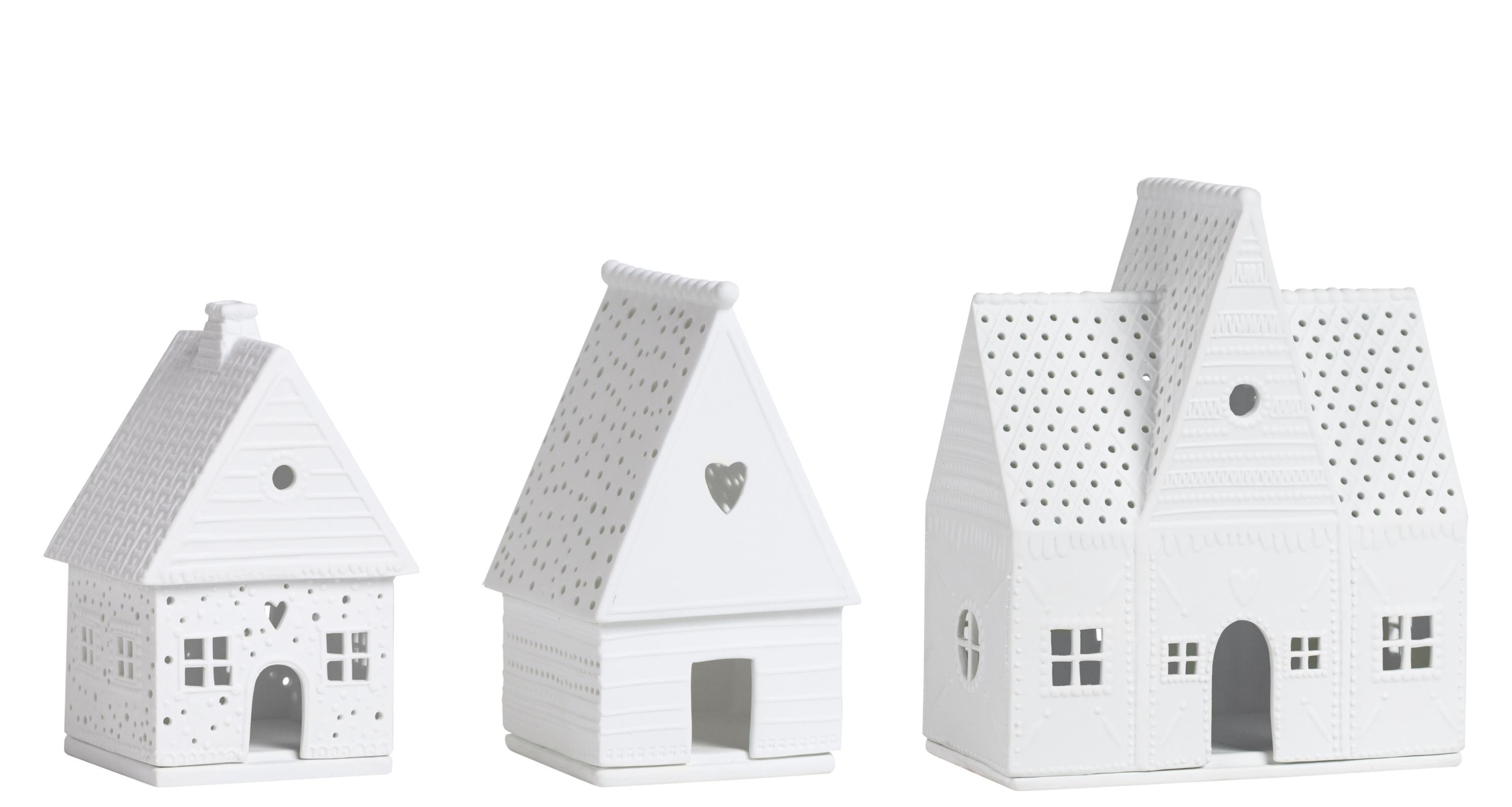 Zuhause Lichthaus 3er Set: Drei weiße, dekorative Lebkuchenhaus-Lichthäuser aus Keramik für stimmungsvolle Weihnachtsdekoration.
