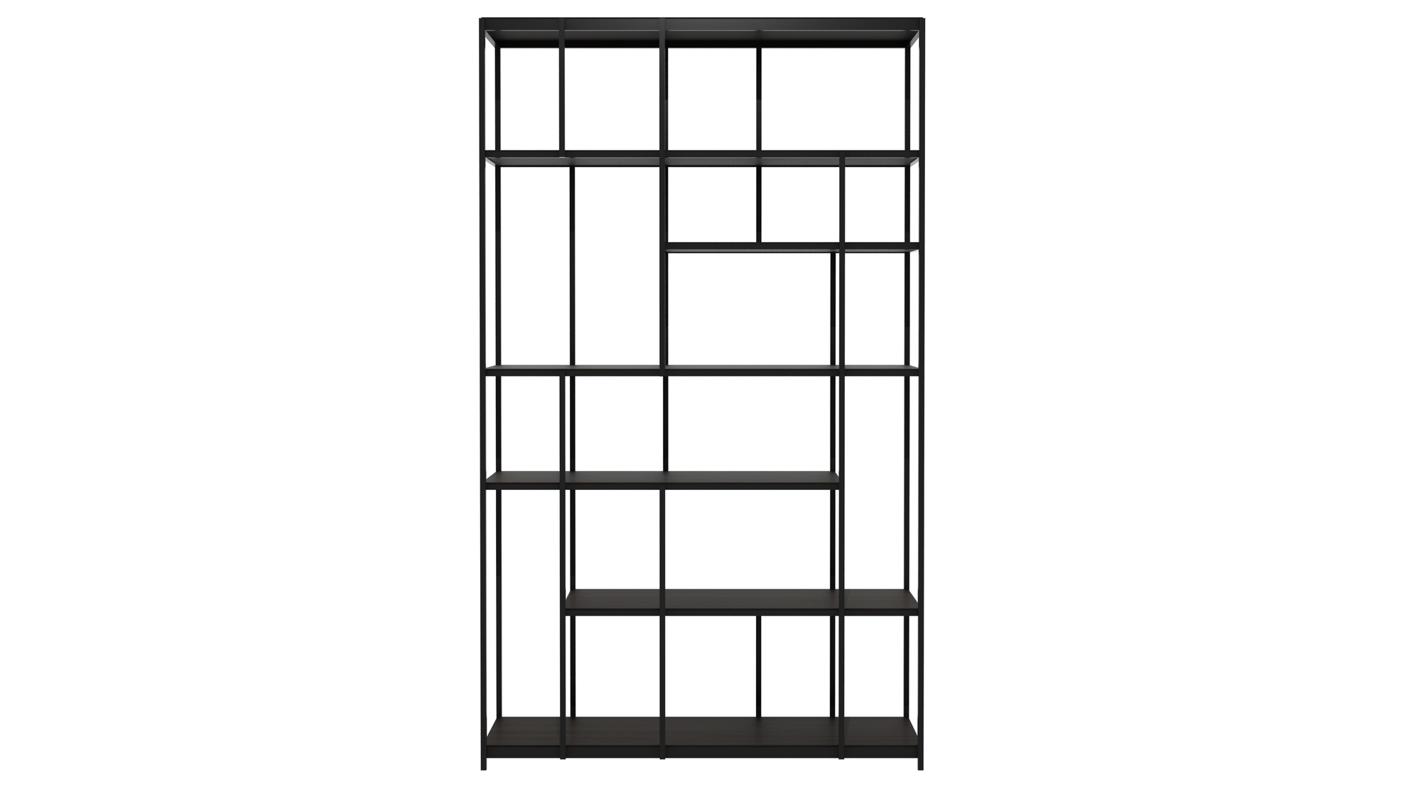 Schwarzes Ethnicraft Regal mit offenem Design und asymmetrischen Regalböden für Wohnzimmer und Büro.